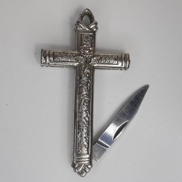 VTG RARE Crucifix Holy Cross Pocket Knife Floral Rose Silver Tone "God Bestow" - Picture 1 of 12